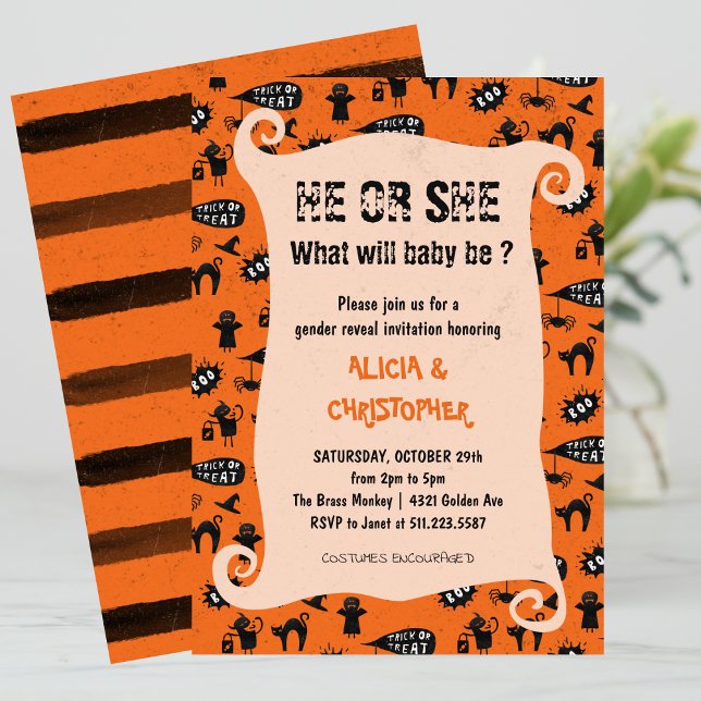 Spooky trick and treat Halloween gender reveal  Invitation (Halloween-gender-reveal-Invitation-Spooky-trick-and-treat-1)