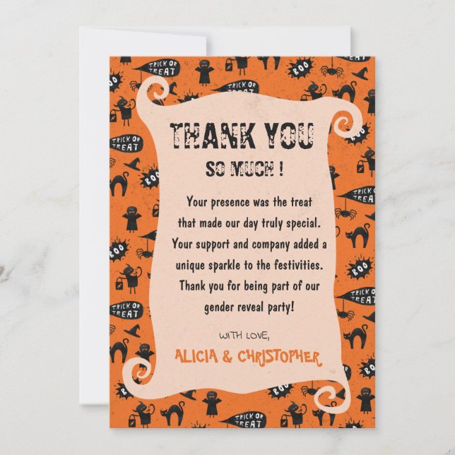 Spooky trick and treat Halloween gender reveal  Thank You Card (Front)