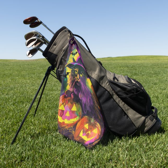 Spooky Turkish Angora Cat Halloween Witch Pumpkin Golf Towel (Green)