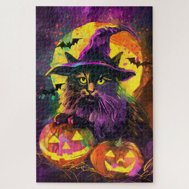 Spooky Turkish Angora Cat Halloween Witch Pumpkin Jigsaw Puzzle (Vertical)
