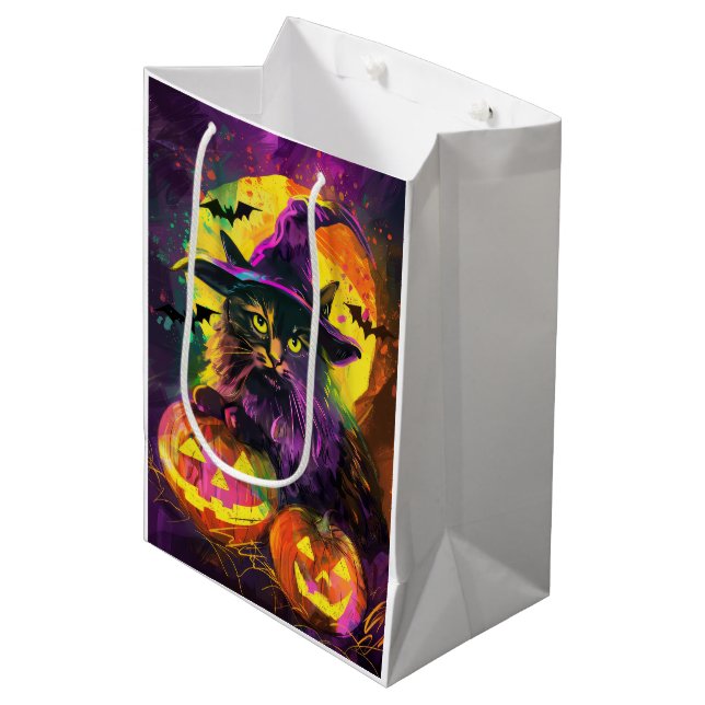 Spooky Turkish Angora Cat Halloween Witch Pumpkin Medium Gift Bag (Front Angled)