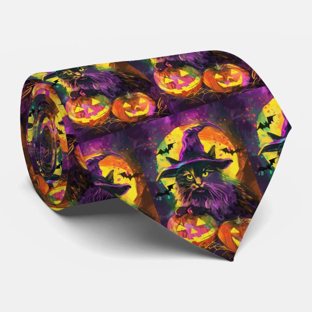 Spooky Turkish Angora Cat Halloween Witch Pumpkin Tie (Rolled)