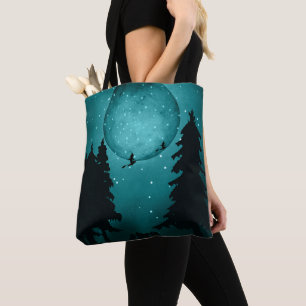 SPOOKY TURQUOISE & BLACK HALLOWEEN WITCHES & MOON TOTE BAG