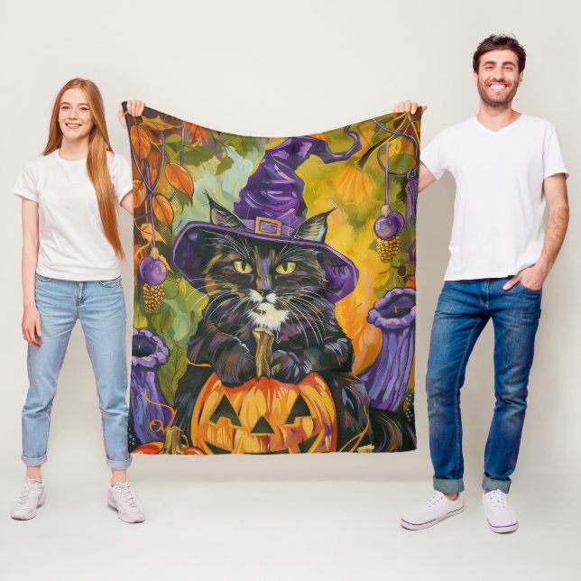 Spooky Tuxedo Cat Halloween Witch And Pumpkin Fleece Blanket (In Situ)