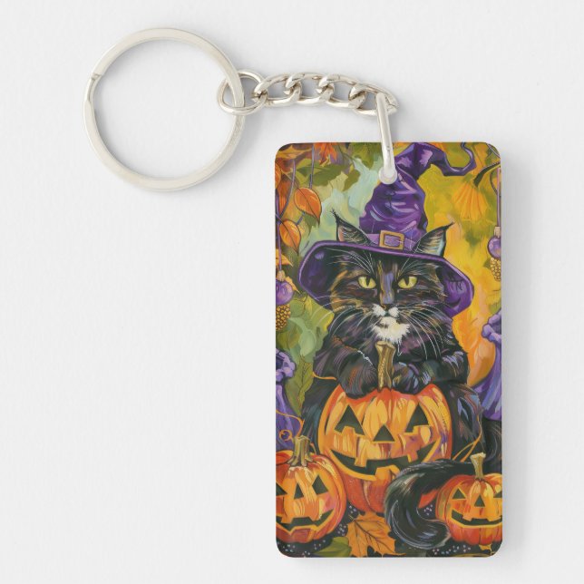 Spooky Tuxedo Cat Halloween Witch And Pumpkin Key Ring (Front)