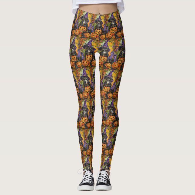 Spooky Tuxedo Cat Halloween Witch And Pumpkin Leggings (Front)