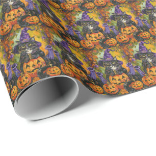 Spooky Tuxedo Cat Halloween Witch And Pumpkin Wrapping Paper