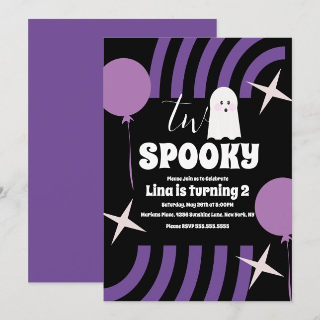 Spooky Two Groovy Halloween Ghost Party Black Invitation (Front/Back)