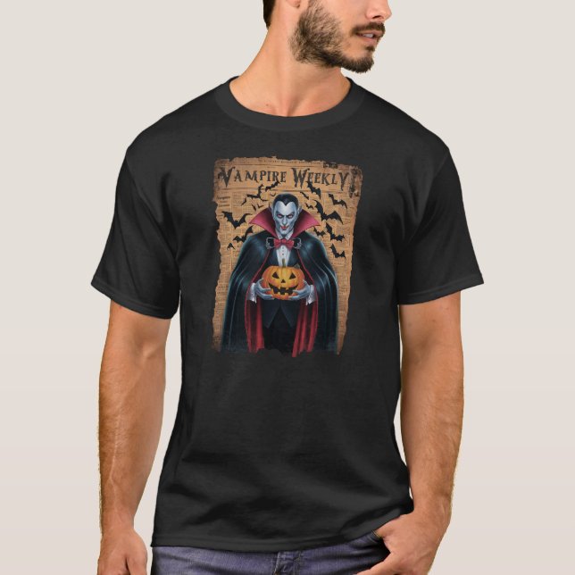 Spooky Vampire on "Vampire Weekly" Newspaper   T-Shirt (Front)