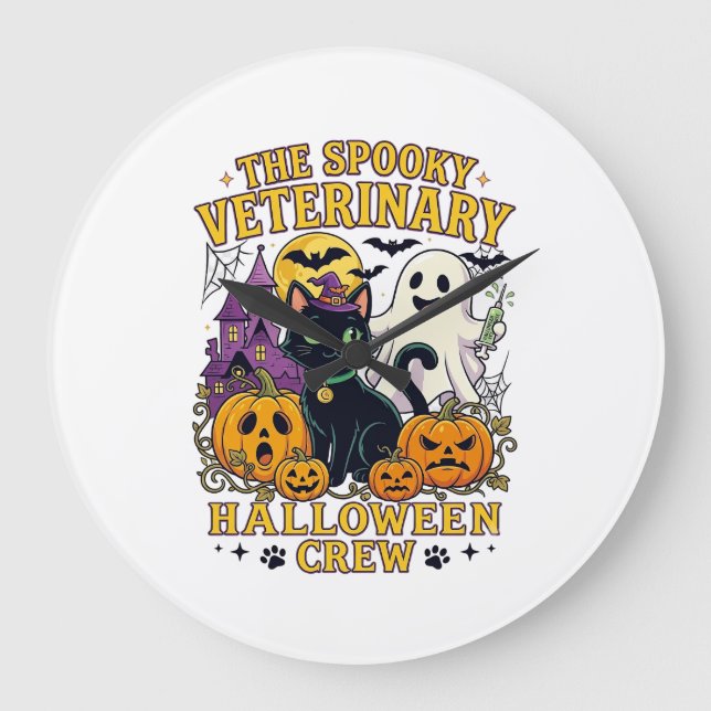 Spooky Veterinary Halloween Crew Black Cat Ghost P Large Clock (Front)