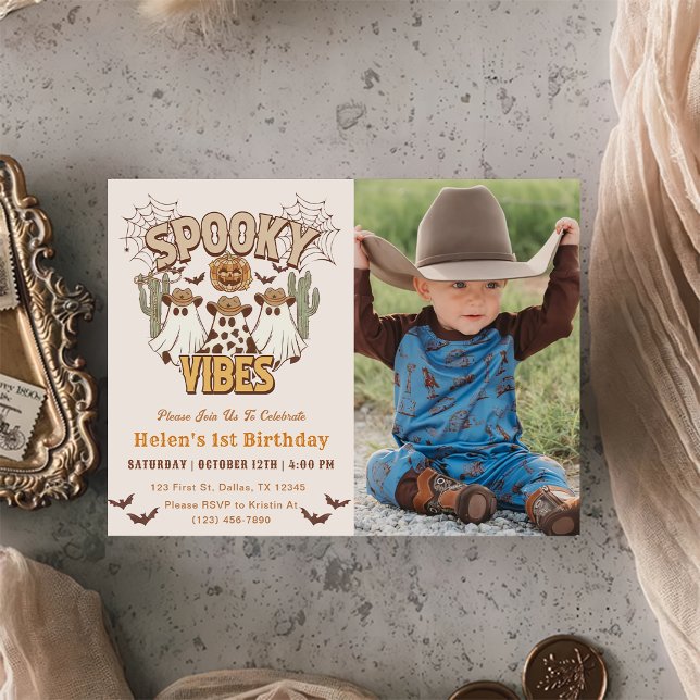 Spooky Vibes 1st Birthday Western Party Photo Invitation (Creator Uploaded)
