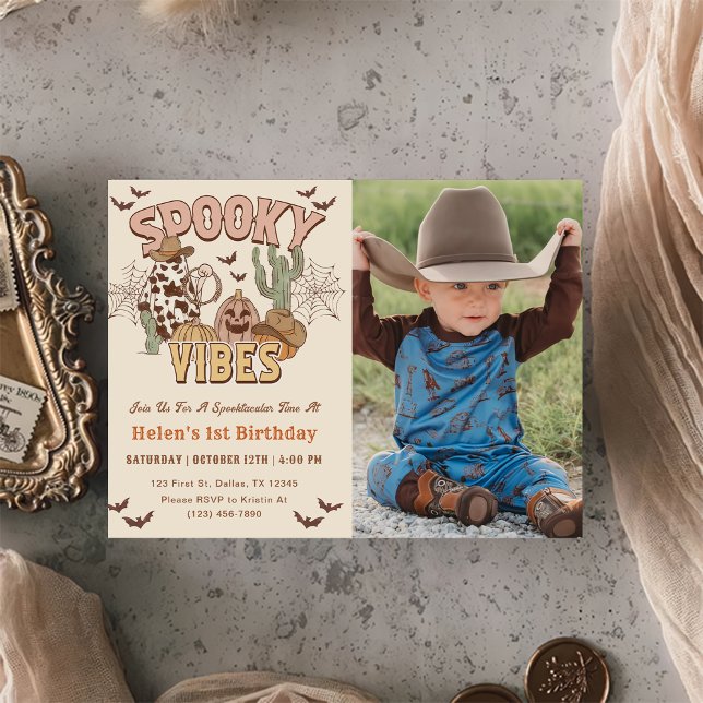 Spooky Vibes 1st Birthday Western Party Photo  Invitation (Creator Uploaded)