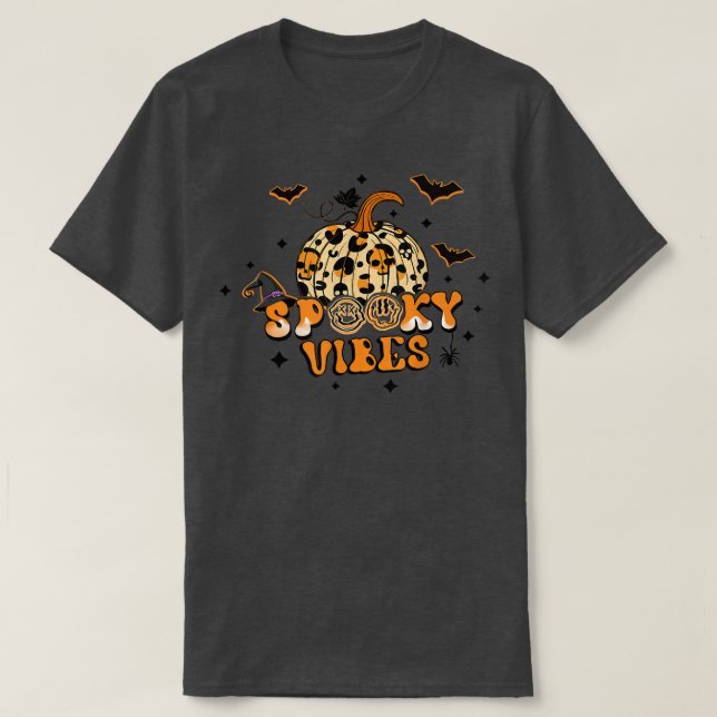 Spooky Vibes Autumn Pumpkin Leopard Hat Witches Ha T-Shirt (Design Front)