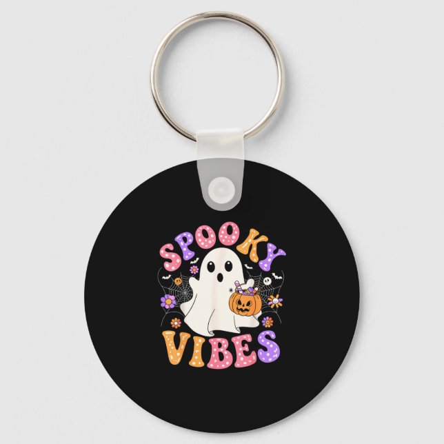 Spooky vibes cute ghost jack o lantern retro key ring (Front)