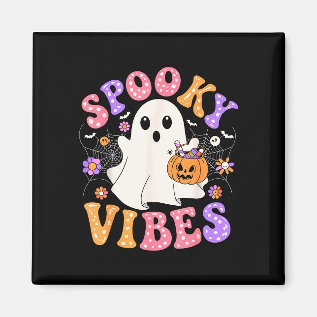 Spooky vibes cute ghost jack o lantern retro magnet (Front)