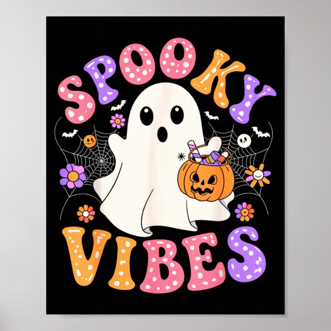 Spooky vibes cute ghost jack o lantern retro poster (Front)