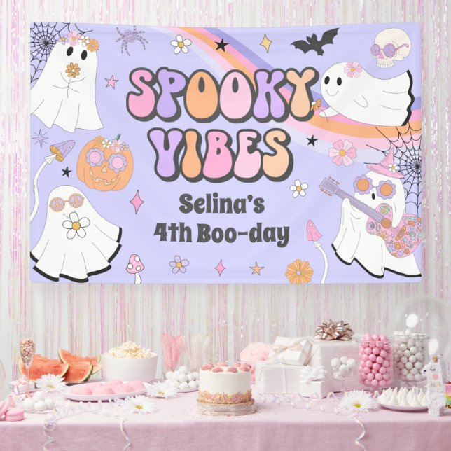 Spooky Vibes Cute Halloween Groovy Ghost Birthday Banner (Party)