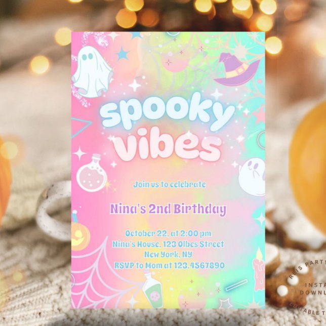 Spooky Vibes Cute Pink Neon Pastel Halloween Bday Invitation (Pink neon birthday party, glow birthday party, glow halloween party, glow in the dark party, pastel )