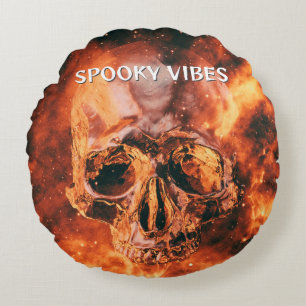 Spooky Vibes. Flaming skull in space Round Cushion