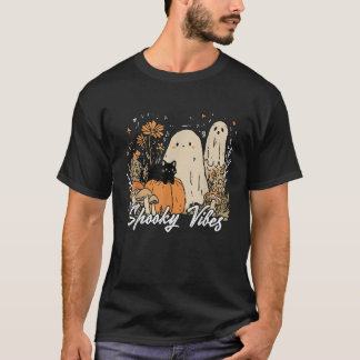 Spooky Vibes Floral Ghost Halloween Pumpkin Black  T-Shirt