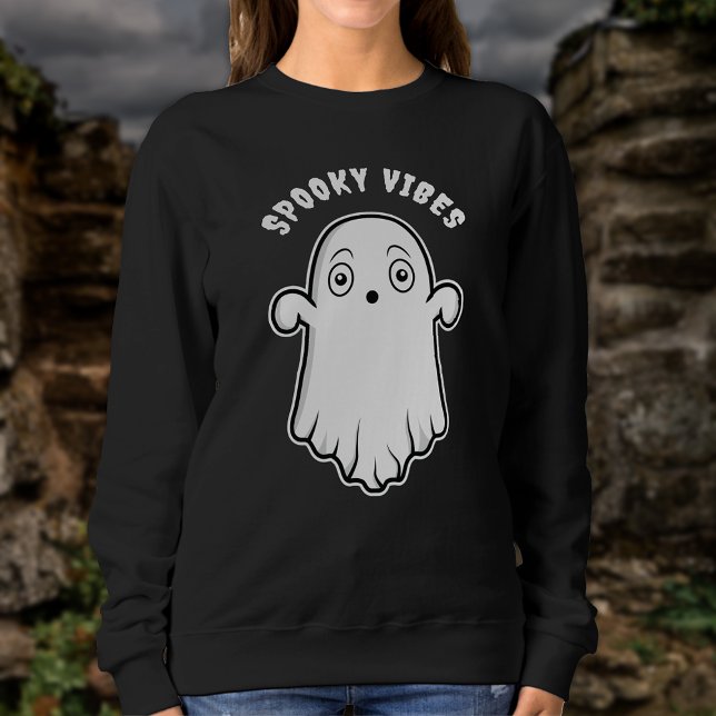 Spooky Vibes Ghost Cute Cartoon Ghost Halloween Sweatshirt (Spooky design for the Halloween season. The text is personalizable.)