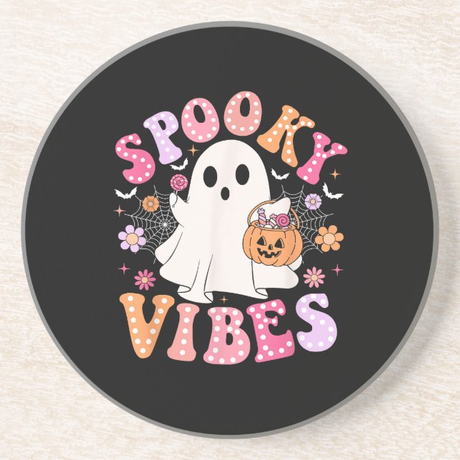 Spooky Vibes Ghost Retro Groovy Halloween Coaster (Front)