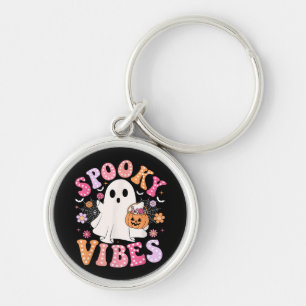 Spooky Vibes Ghost Retro Groovy Halloween Key Ring