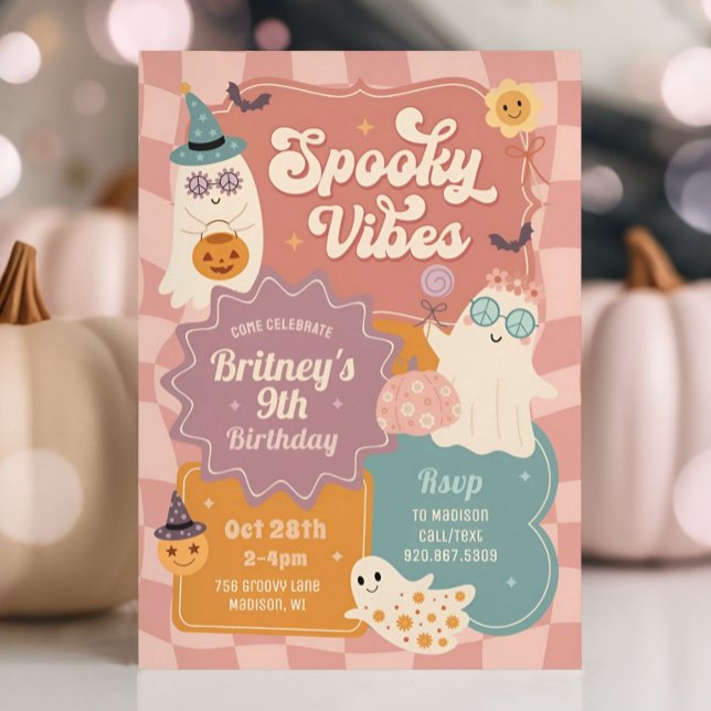 Spooky Vibes Halloween Cute Groovy Ghost Birthday  Invitation (Creator Uploaded)