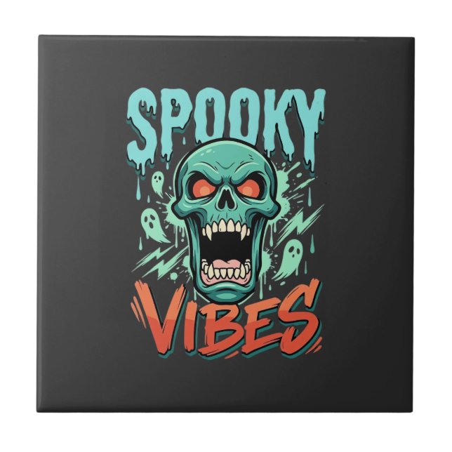 Spooky Vibes Halloween Ghost Skull Design_1 Ceramic Tile (Front)