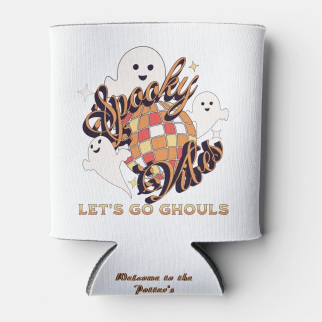 Spooky Vibes Let's Go Ghouls Disco Retro Halloween Can Cooler (Front)