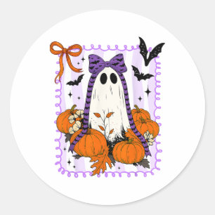 Spooky Vibes Retro Ghost Coquette Bow Halloween Wo Classic Round Sticker