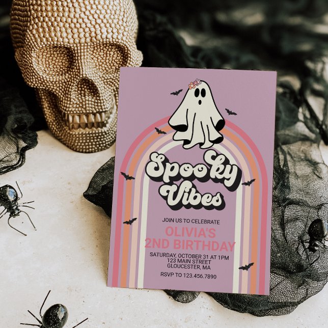 Spooky Vibes Retro Halloween Ghost Birthday Invitation (Creator Uploaded)
