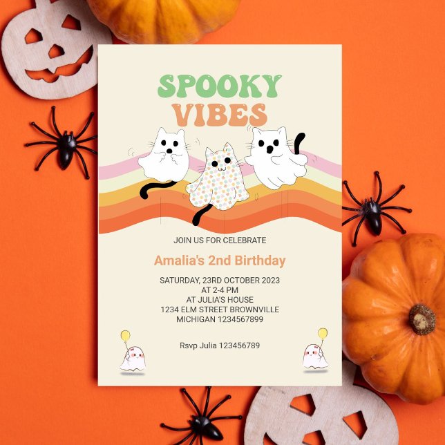 Spooky Vibes Retro Halloween Ghost Birthday Invitation (Creator Uploaded)