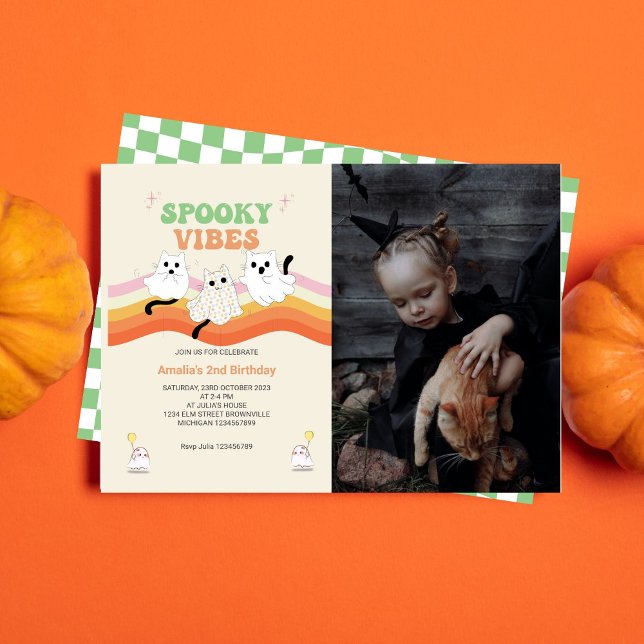 Spooky Vibes Retro Halloween Ghost Birthday Photo Invitation (Creator Uploaded)