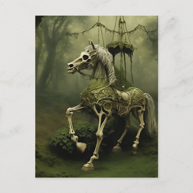 Spooky Victorian Carousel Horse Skeleton Postcard (Front)