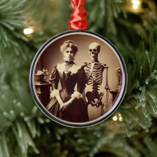Spooky Victorian Woman with Skeleton Metal Ornament