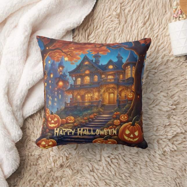 Spooky villa in the forest, pumpkins, Halloween Cushion (Blanket)