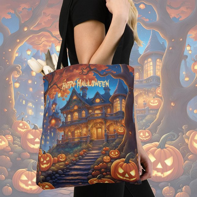 Spooky villa in the forest, pumpkins, Halloween Tote Bag (Creator Uploaded)