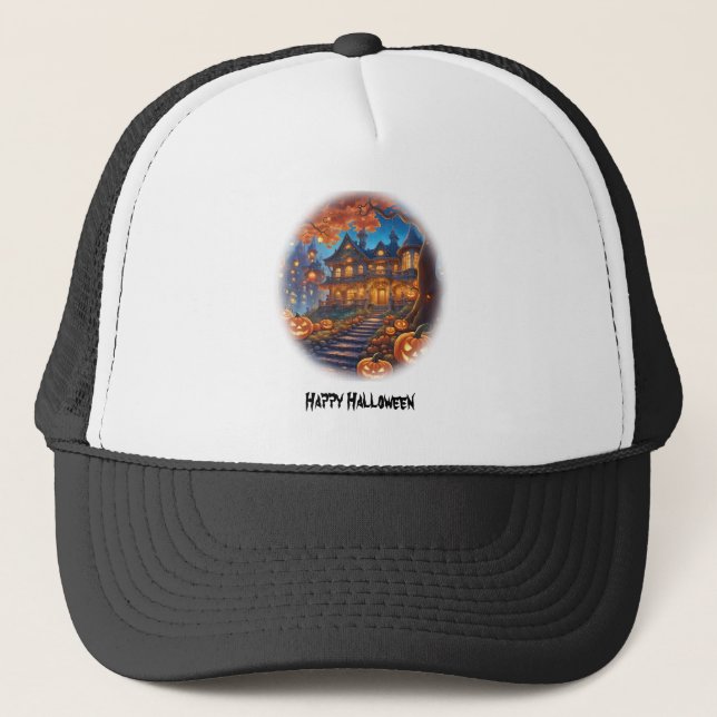 Spooky villa in the forest, pumpkins, Halloween Trucker Hat (Front)