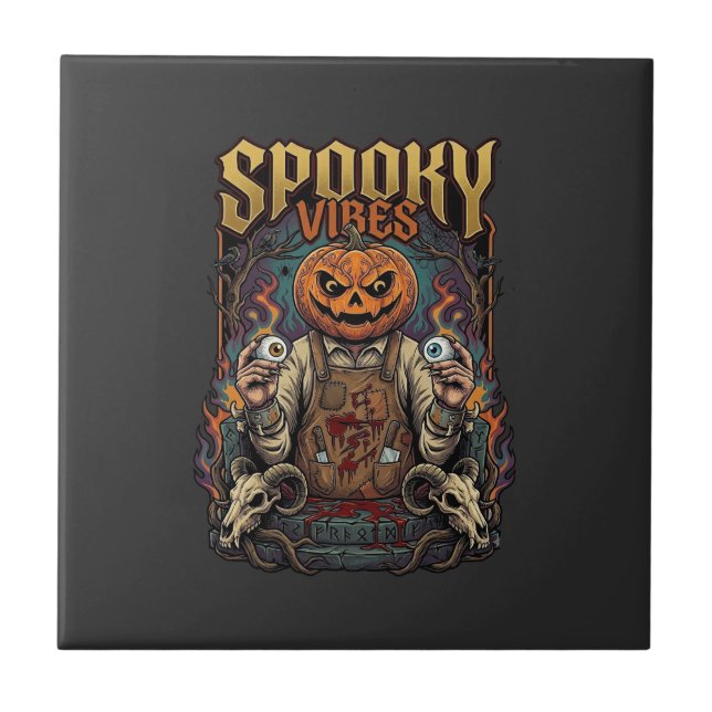 Spooky Vires Halloween Pumpkin Head Holding Eyebal Ceramic Tile (Front)