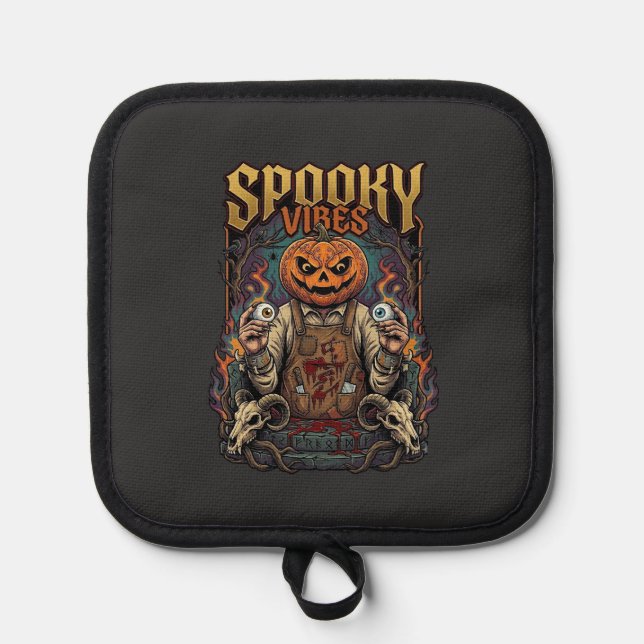 Spooky Vires Halloween Pumpkin Head Holding Eyebal Pot Holder (Front)