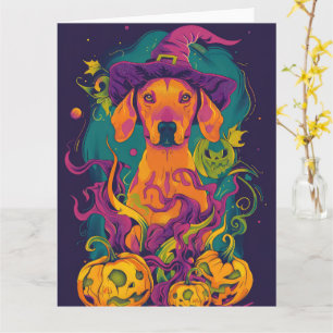 Spooky Vizsla Dog Halloween Witch And Pumpkin Card