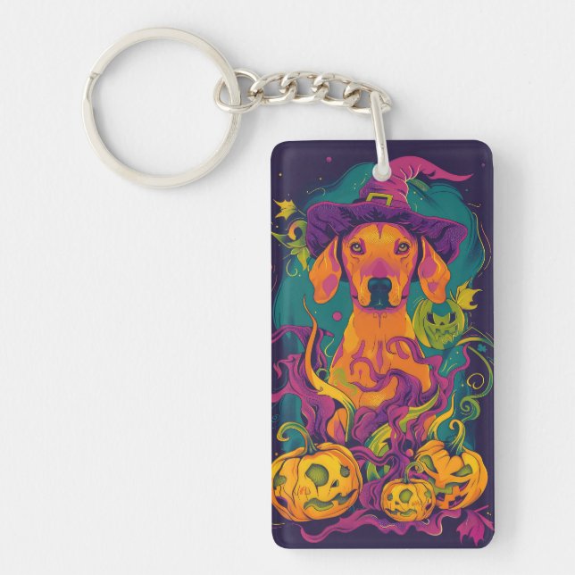 Spooky Vizsla Dog Halloween Witch And Pumpkin Key Ring (Front)