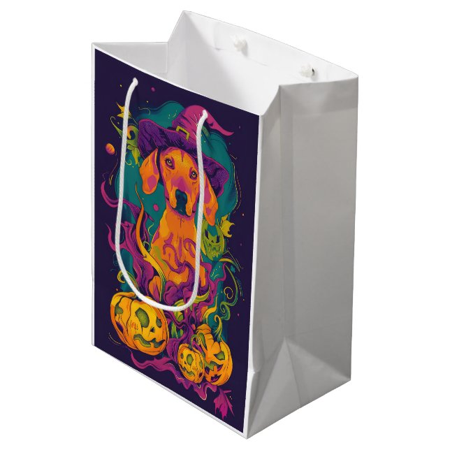 Spooky Vizsla Dog Halloween Witch And Pumpkin Medium Gift Bag (Front Angled)