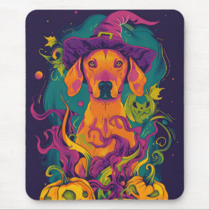 Spooky Vizsla Dog Halloween Witch And Pumpkin Mouse Pad