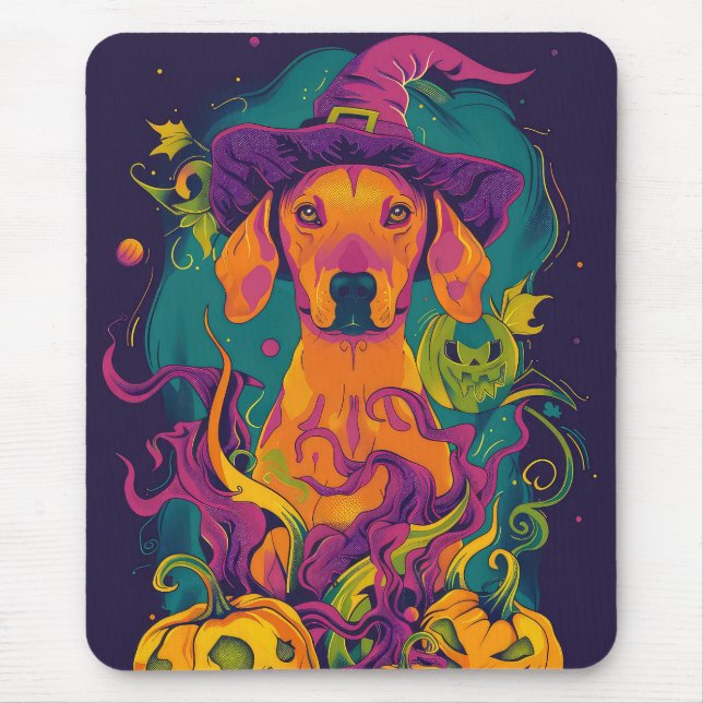 Spooky Vizsla Dog Halloween Witch And Pumpkin Mouse Pad (Front)
