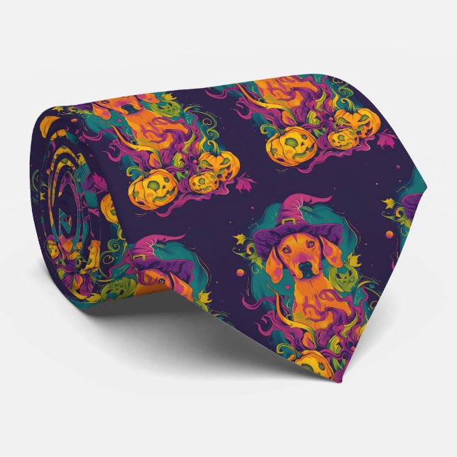 Spooky Vizsla Dog Halloween Witch And Pumpkin Tie (Rolled)