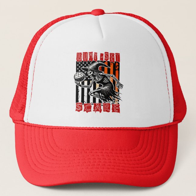 Spooky Volleyball: Bump Set Scare Designs Trucker Hat (Front)