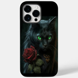 SPOOKY WATERCOLOR BLACK CAT WITH SINGLE RED ROSE iPhone 14 PRO MAX CASE