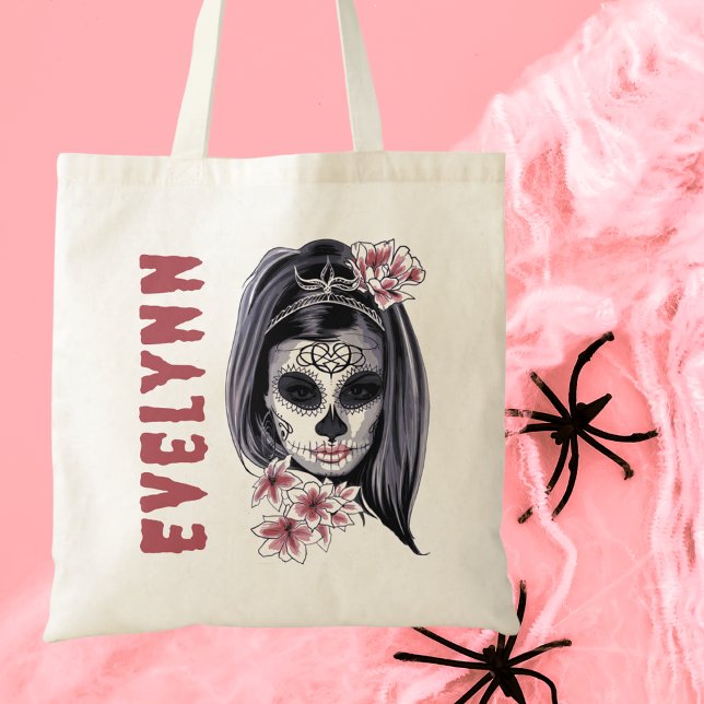 Spooky Watercolor Halloween Sugar Skull Tote Bag (Creator Uploaded)